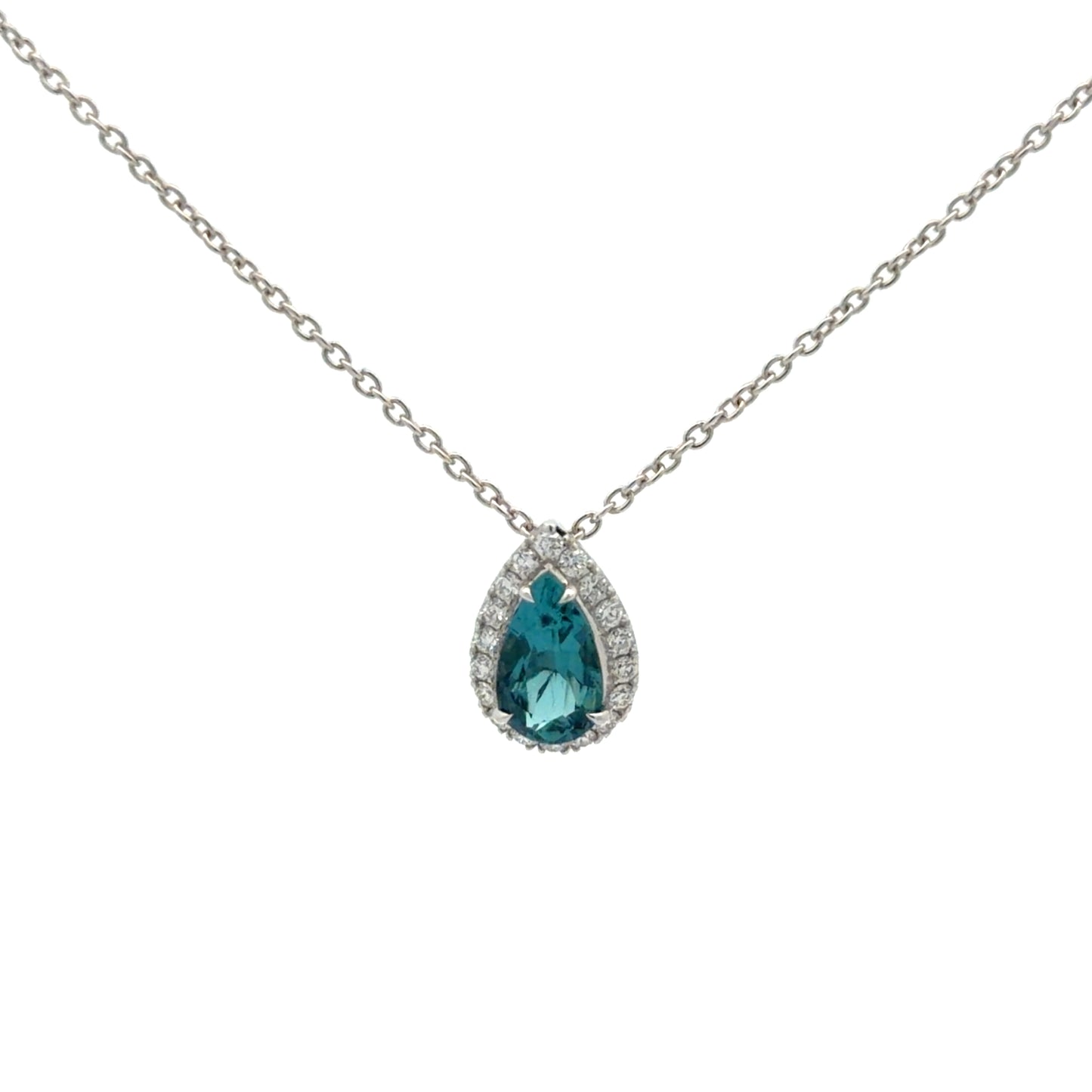 Floating 14kt. White Gold Natural Pear Shape Blue Tourmaline Pendant with Beautiful Natural Diamond Halo