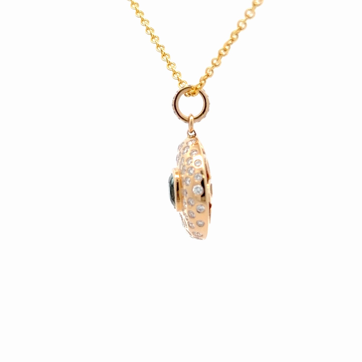 Statement Medallion Pendant in 14Kt. Yellow with a Bezel Set Blue Cushion ShapeTourmaline and Diamonds