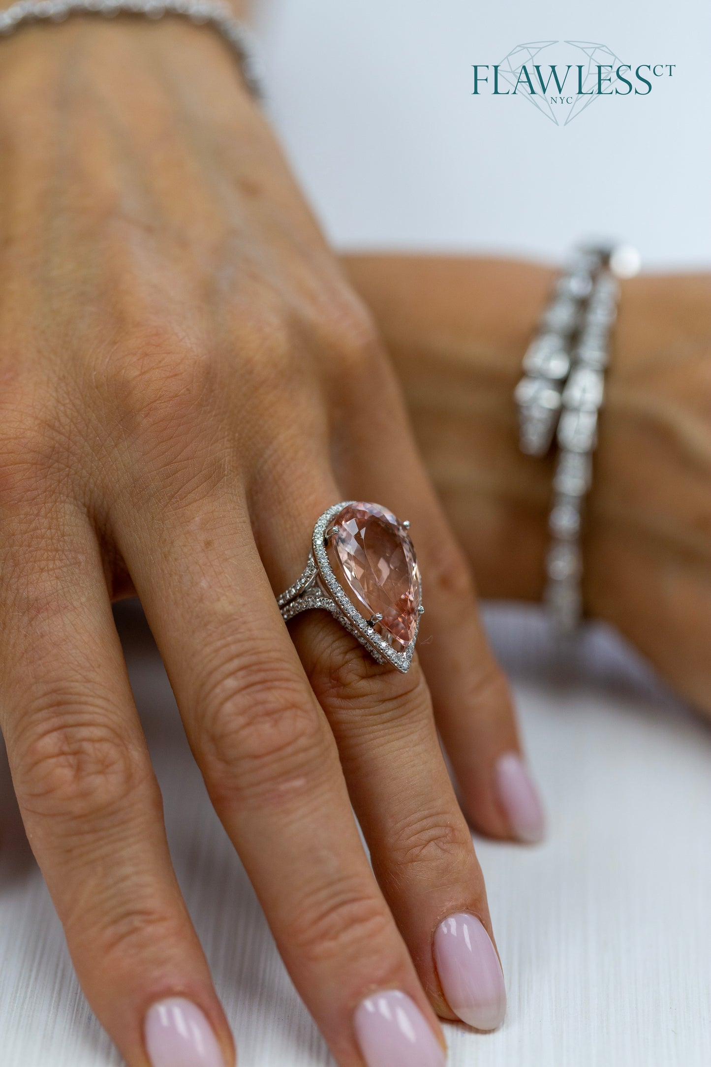 Platinum Diamond and Pear Shape Morganite Halo Ring-UNBEATABLE PRICE!!!