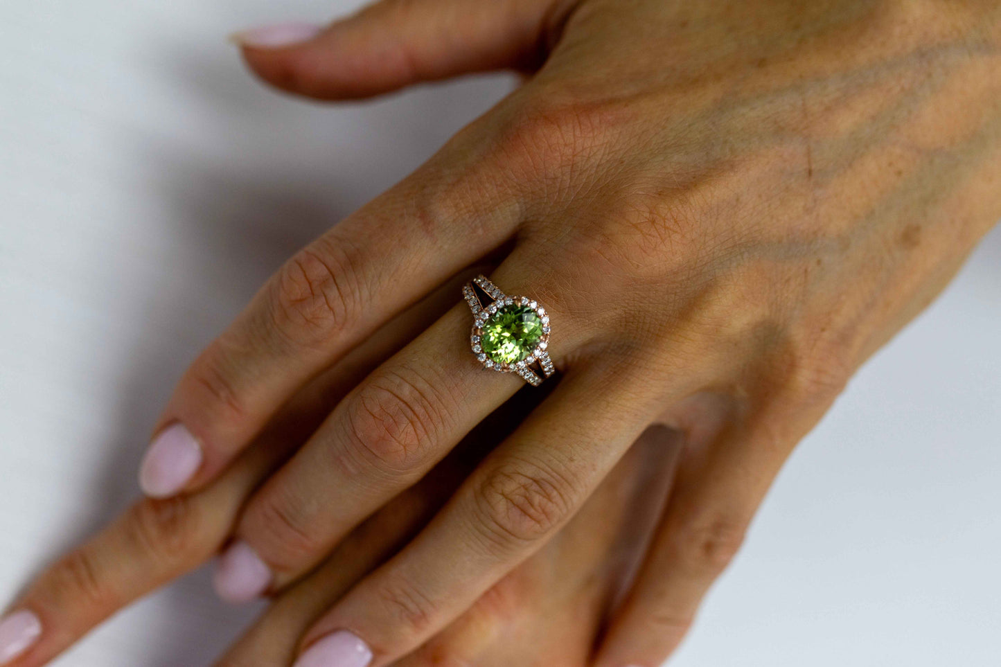 Double Halo Oval Green Tourmaline and Diamond Ring