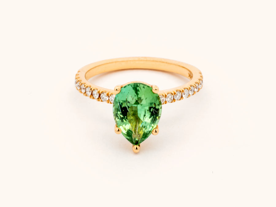 Pear-Shaped Green Tourmaline and Diamond Ring in 14K Yellow Gold