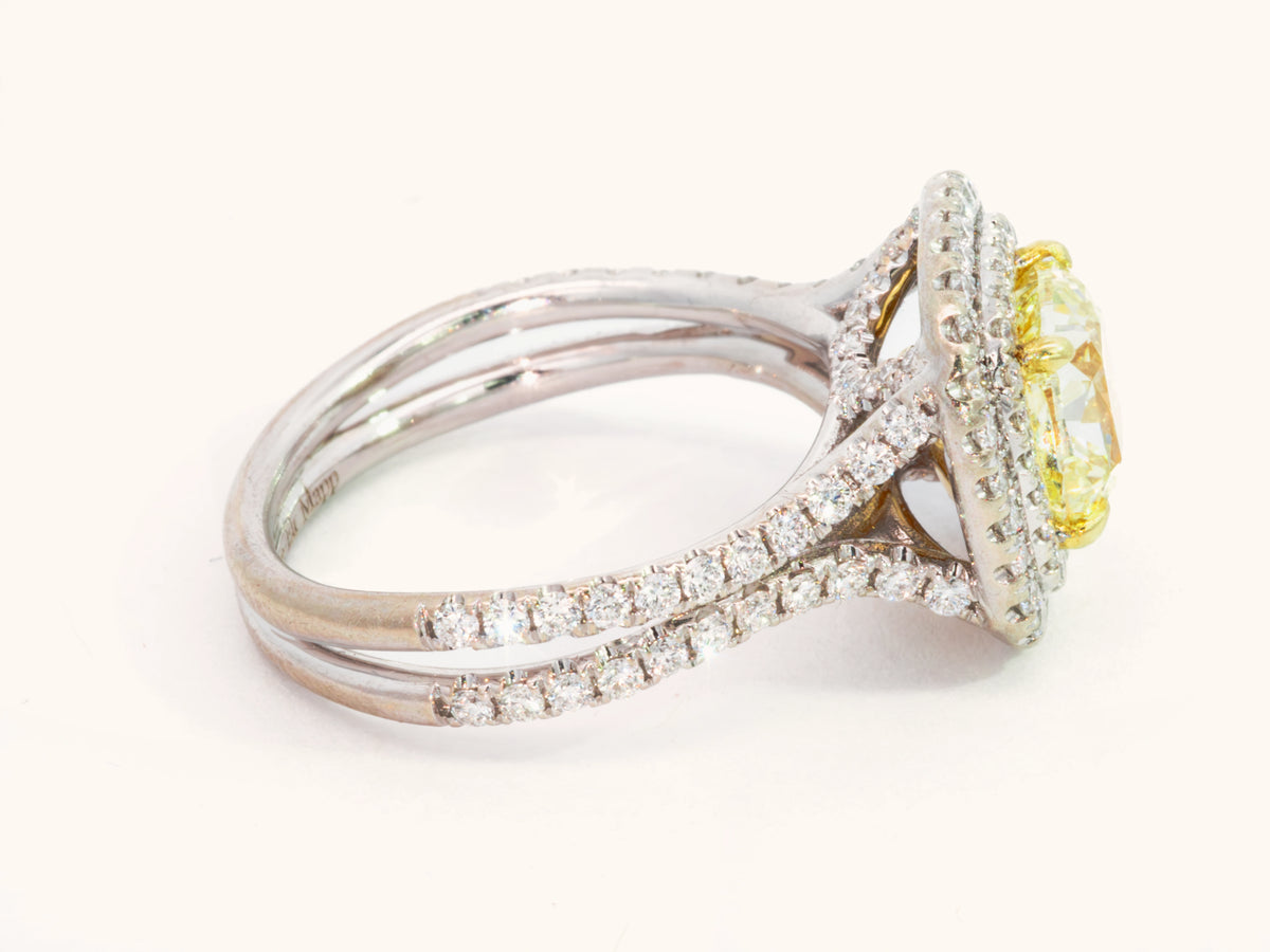 Fancy Light Yellow Cushion Diamond Double Halo Ring
