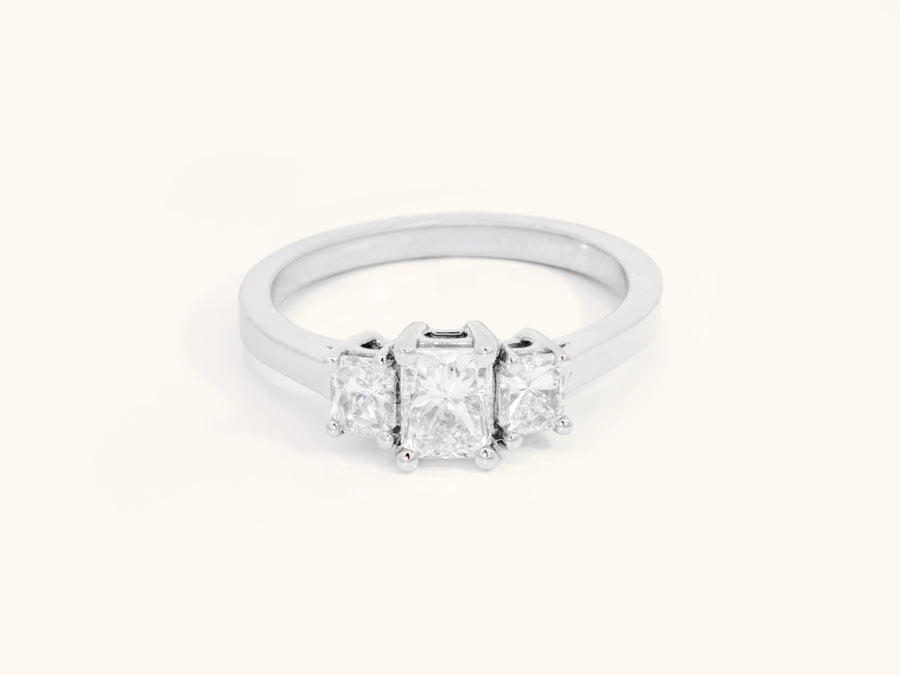 Three-Stone Radiant Diamond Engagement Ring in 18K White Gold, 1 Carat Total Weight