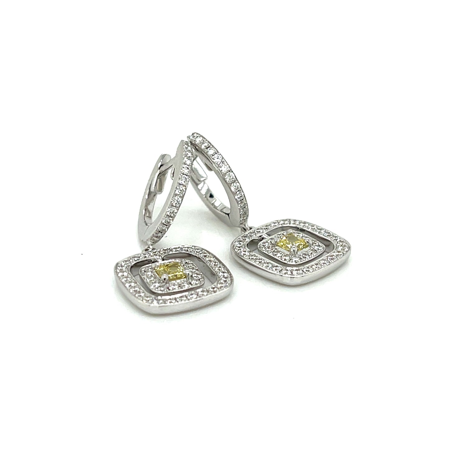 Double Halo Earrings with Rare Natural Fancy Yellow Princess-Cut Center Diamond & White Diamond Accents in 18K White Gold - FlawlessCarat