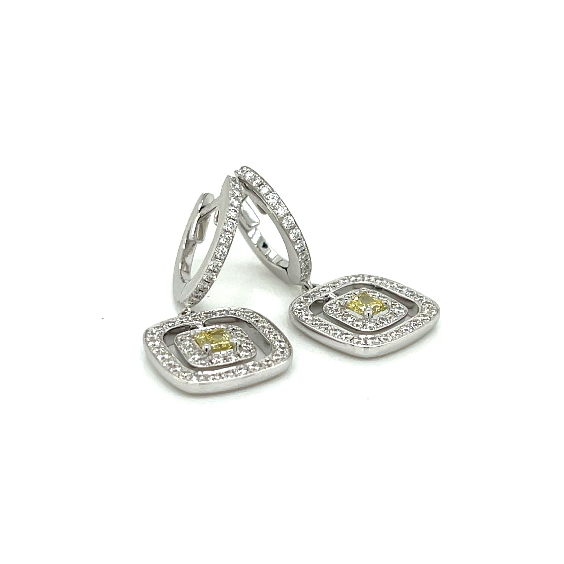 Double Halo Earrings with Rare Natural Fancy Yellow Princess-Cut Center Diamond & White Diamond Accents in 18K White Gold - FlawlessCarat
