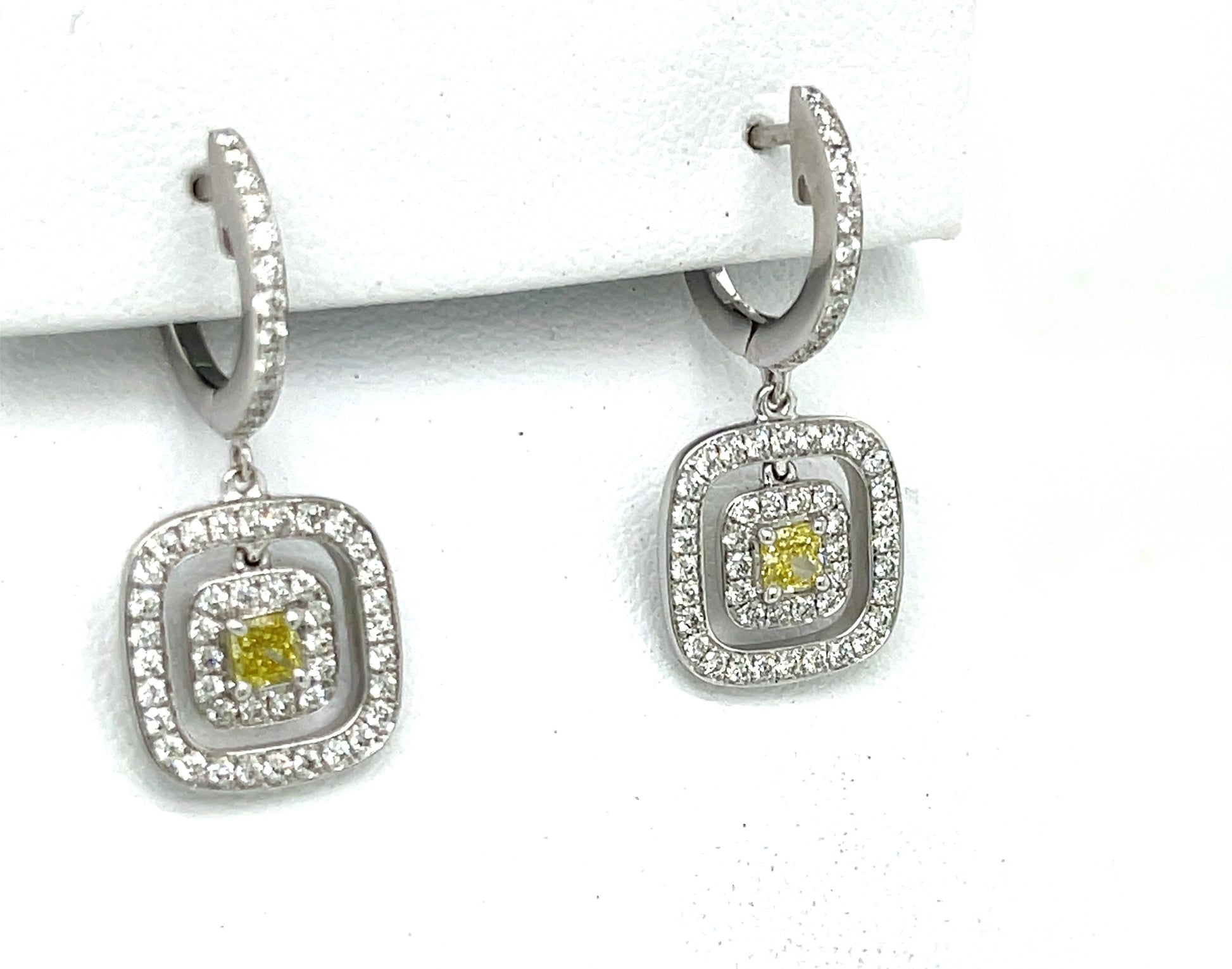 Double Halo Earrings with Rare Natural Fancy Yellow Princess-Cut Center Diamond & White Diamond Accents in 18K White Gold - FlawlessCarat