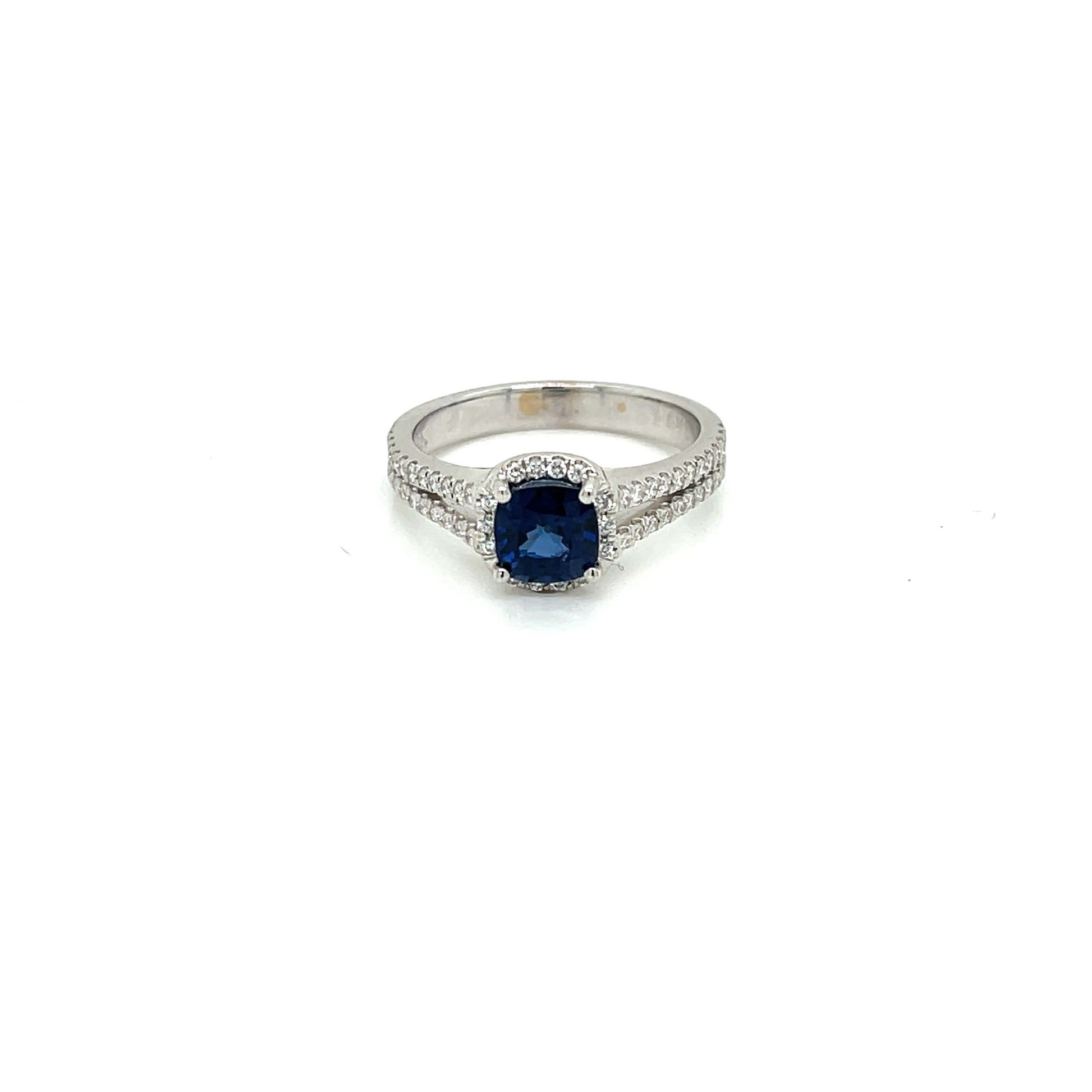 Platinum Cushion Cut Halo Blue Sapphire and Diamond Engagement Ring - FlawlessCarat