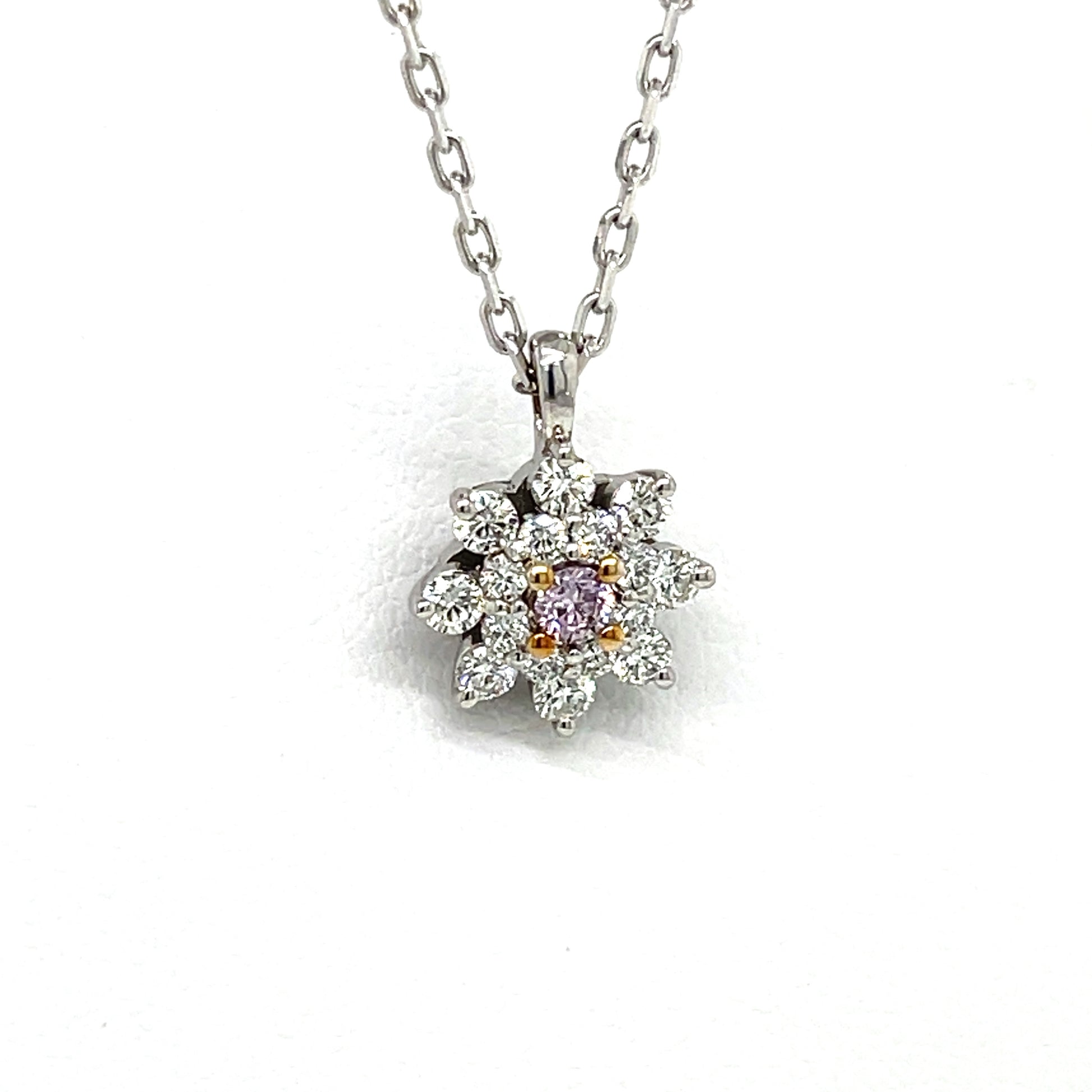 18 Karat White Gold Halo Pendant with White and Pink Diamonds - FlawlessCarat