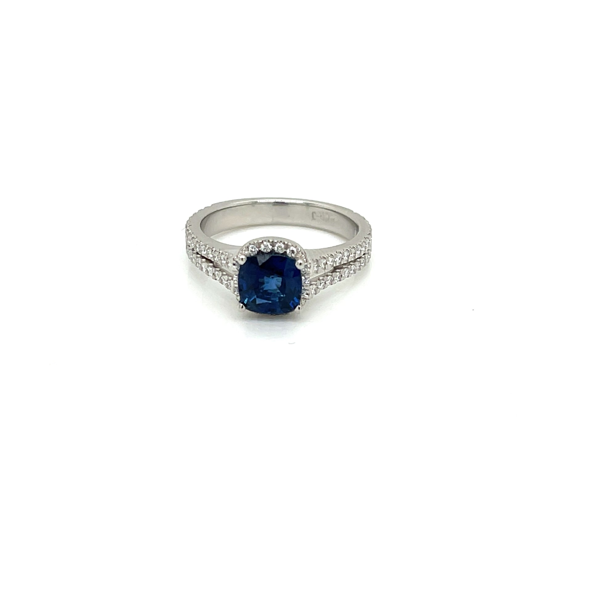 Platinum Cushion Cut Halo Blue Sapphire and Diamond Engagement Ring - FlawlessCarat