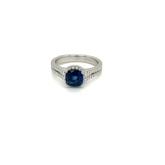 Platinum Cushion Cut Halo Blue Sapphire and Diamond Engagement Ring - FlawlessCarat