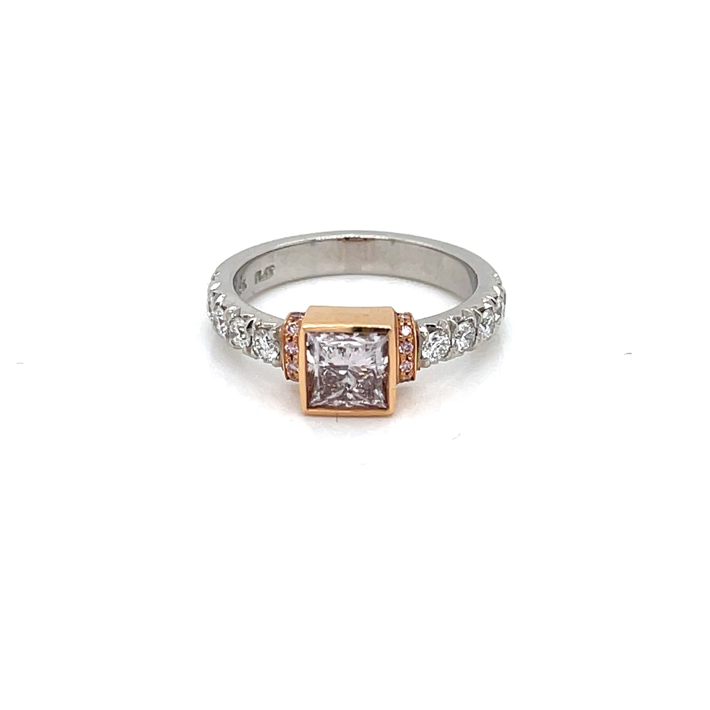 Platinum / 18 Karat Rose Gold Engagement Ring with Natural Pink Brownish Princess Cut Diamond and Round White & Pink Diamond Accents - FlawlessCarat