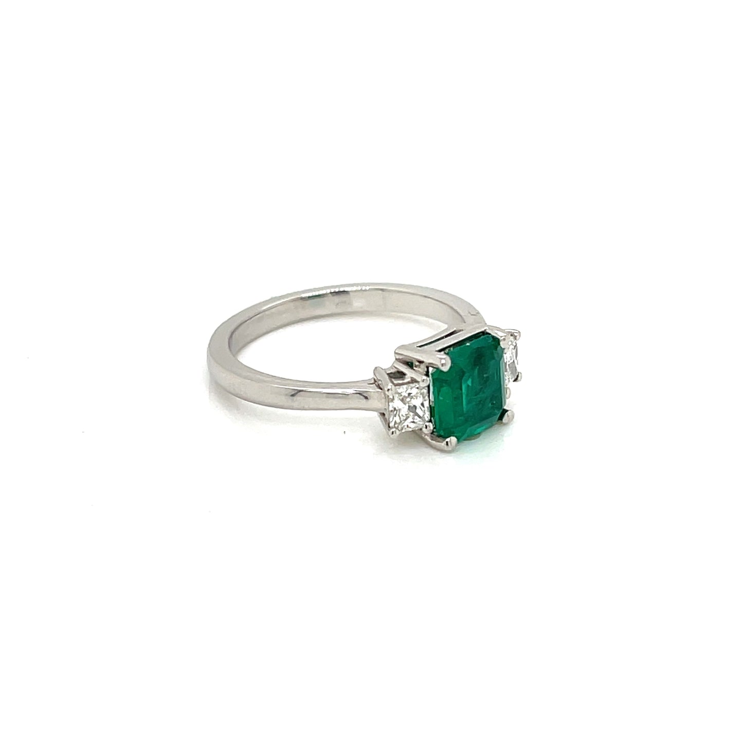 Emerald and Diamond Three Stone Platinum Ring - FlawlessCarat