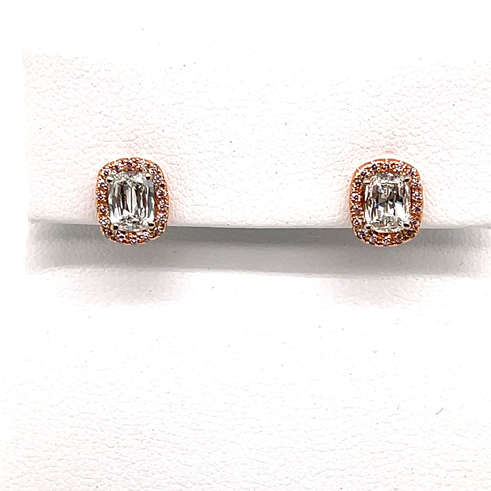 18 Karat Pink Gold Halo Earrings .93 Carats Cushion Brilliant Diamonds .14 Carats Pink Round Diamonds - FlawlessCarat