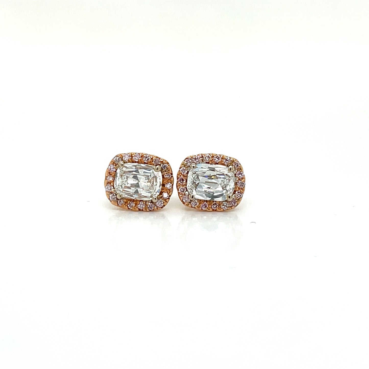 18 Karat Pink Gold Halo Earrings .93 Carats Cushion Brilliant Diamonds .14 Carats Pink Round Diamonds - FlawlessCarat