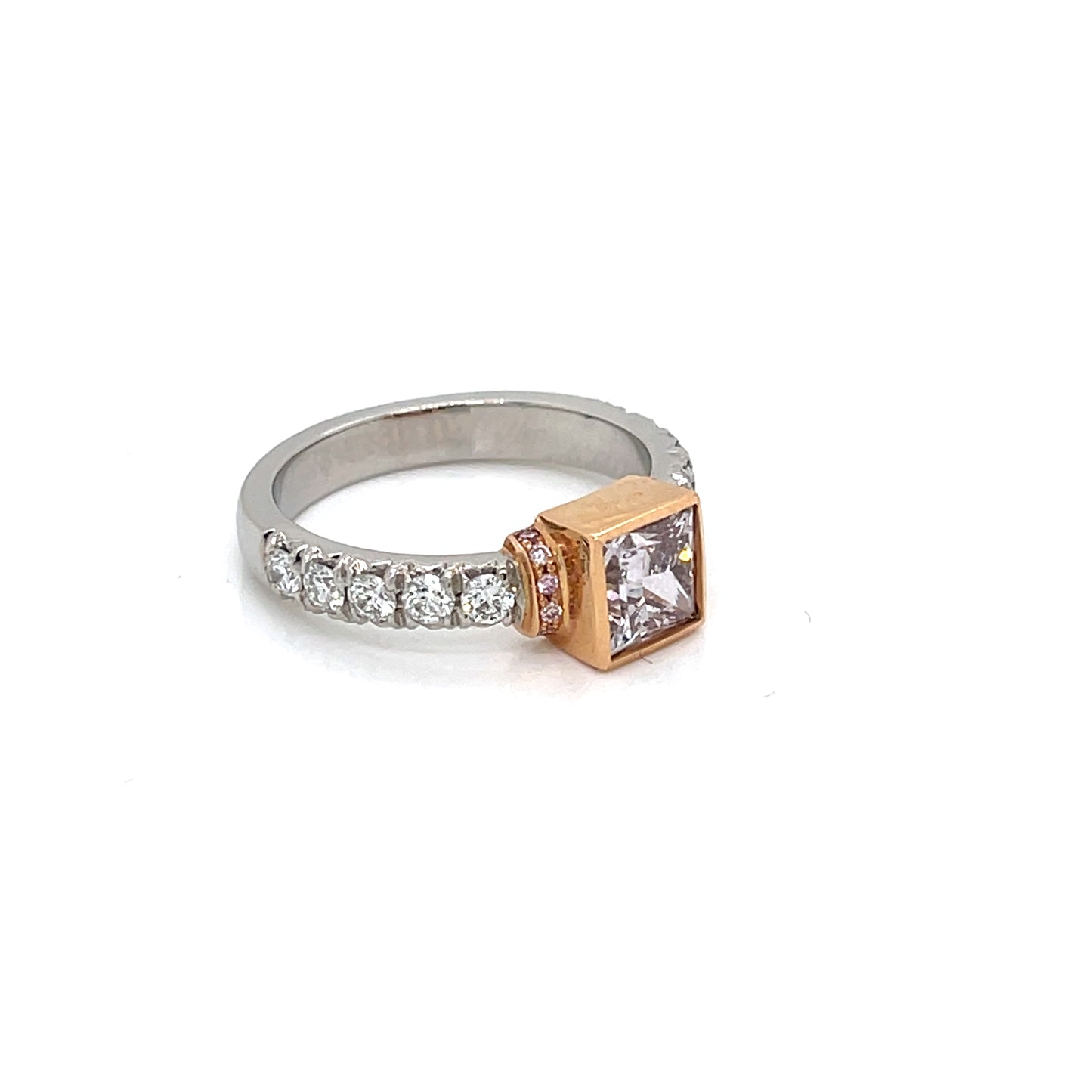 Platinum / 18 Karat Rose Gold Engagement Ring with Natural Pink Brownish Princess Cut Diamond and Round White & Pink Diamond Accents - FlawlessCarat