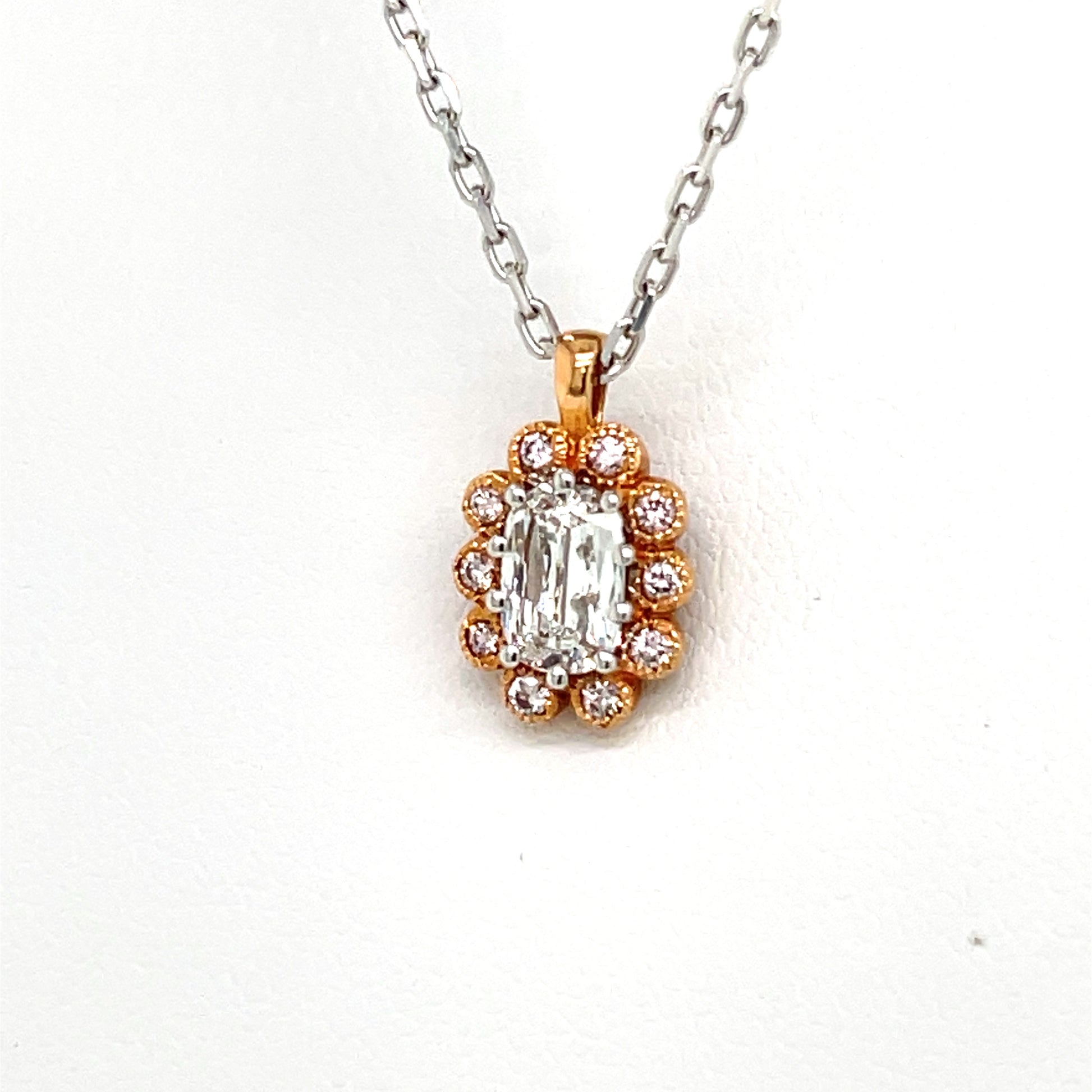 Cushion Cut Diamond Halo Pendant in 18 Karat Rose Gold with Light Pink Round Diamond Accents - Flower Shaped Pendant - FlawlessCarat