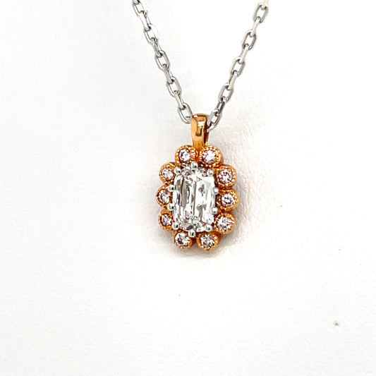 Cushion Cut Diamond Halo Pendant in 18 Karat Rose Gold with Light Pink Round Diamond Accents - Flower Shaped Pendant - FlawlessCarat