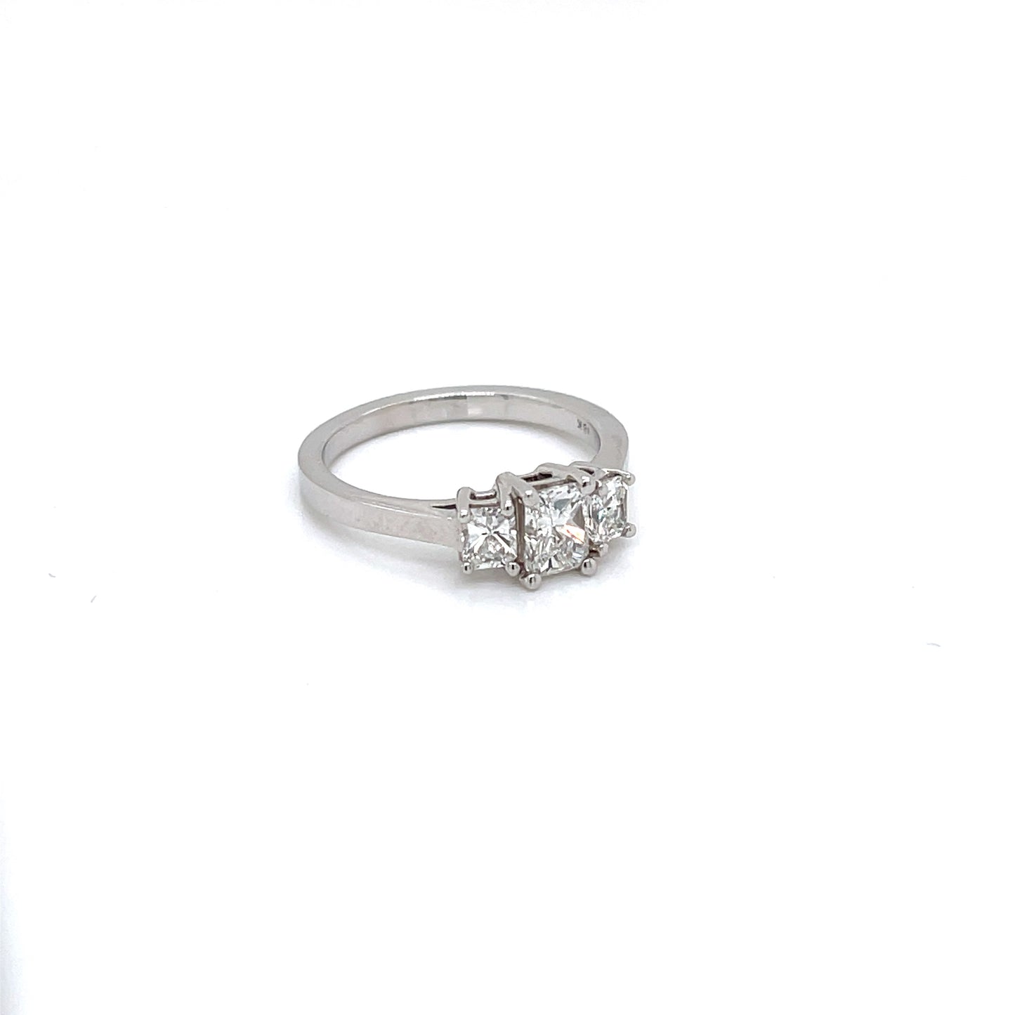 Three Stone Radiant Diamond Engagement Ring in 18 Karat White Gold, 1 Carat Total Weight - FlawlessCarat