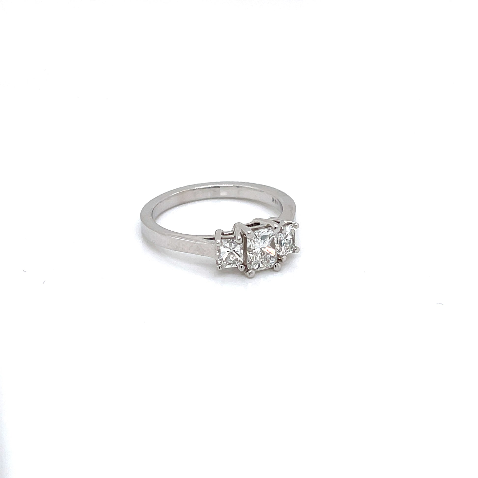 Three Stone Radiant Diamond Engagement Ring in 18 Karat White Gold, 1 Carat Total Weight - FlawlessCarat