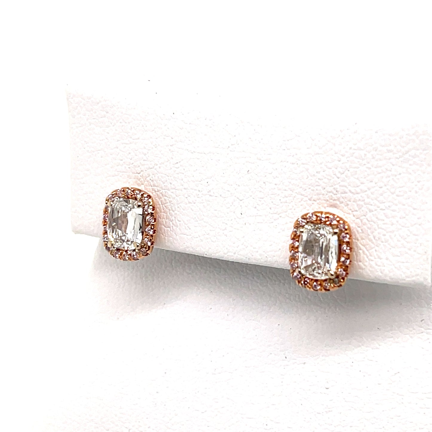 18 Karat Pink Gold Halo Earrings .93 Carats Cushion Brilliant Diamonds .14 Carats Pink Round Diamonds - FlawlessCarat