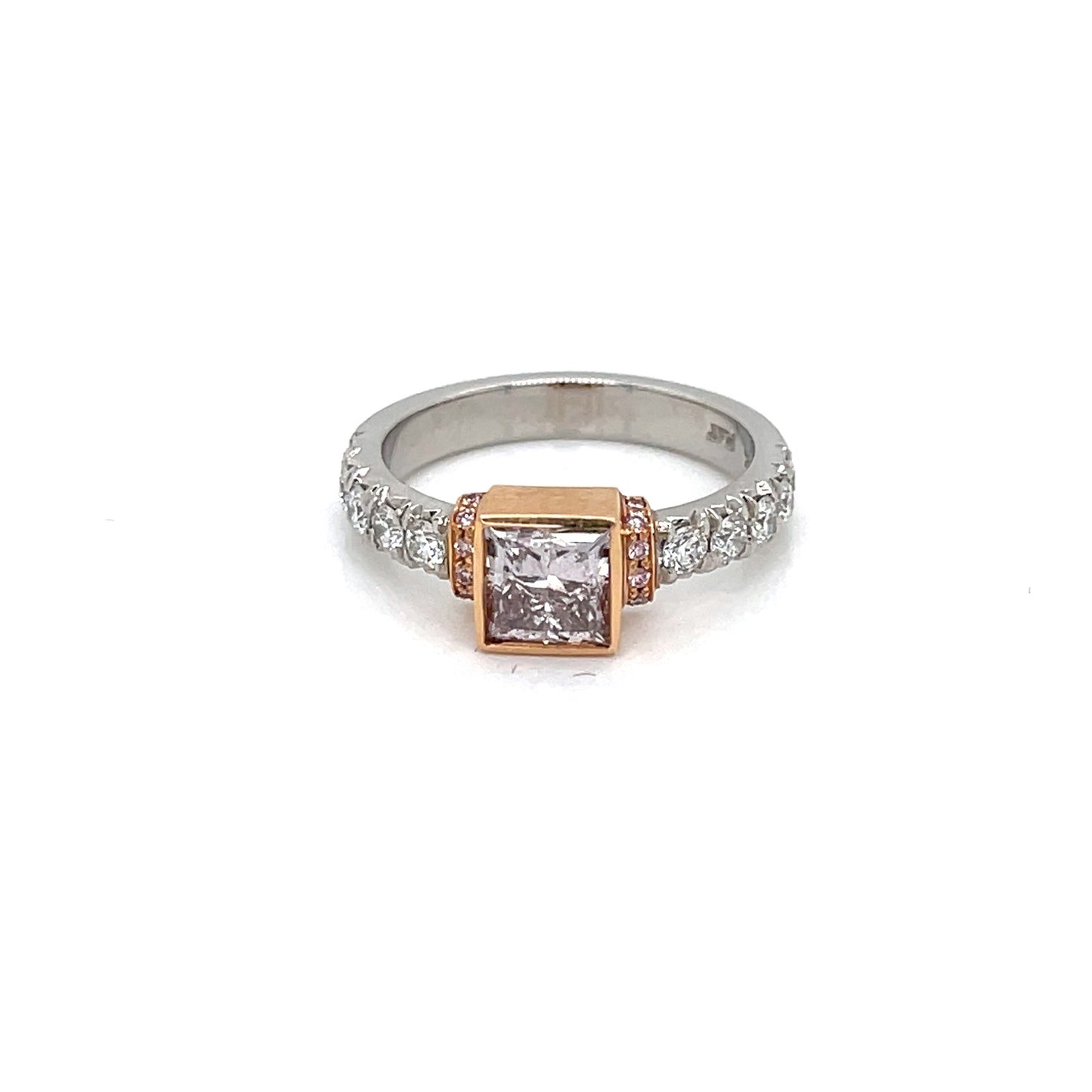 Platinum / 18 Karat Rose Gold Engagement Ring with Natural Pink Brownish Princess Cut Diamond and Round White & Pink Diamond Accents - FlawlessCarat