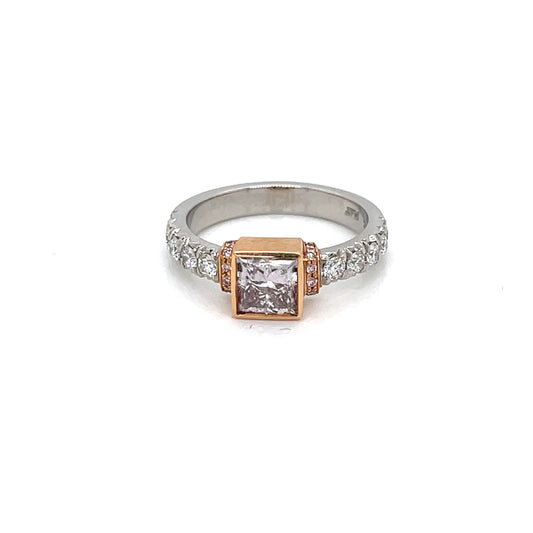 Platinum / 18 Karat Rose Gold Engagement Ring with Natural Pink Brownish Princess Cut Diamond and Round White & Pink Diamond Accents - FlawlessCarat