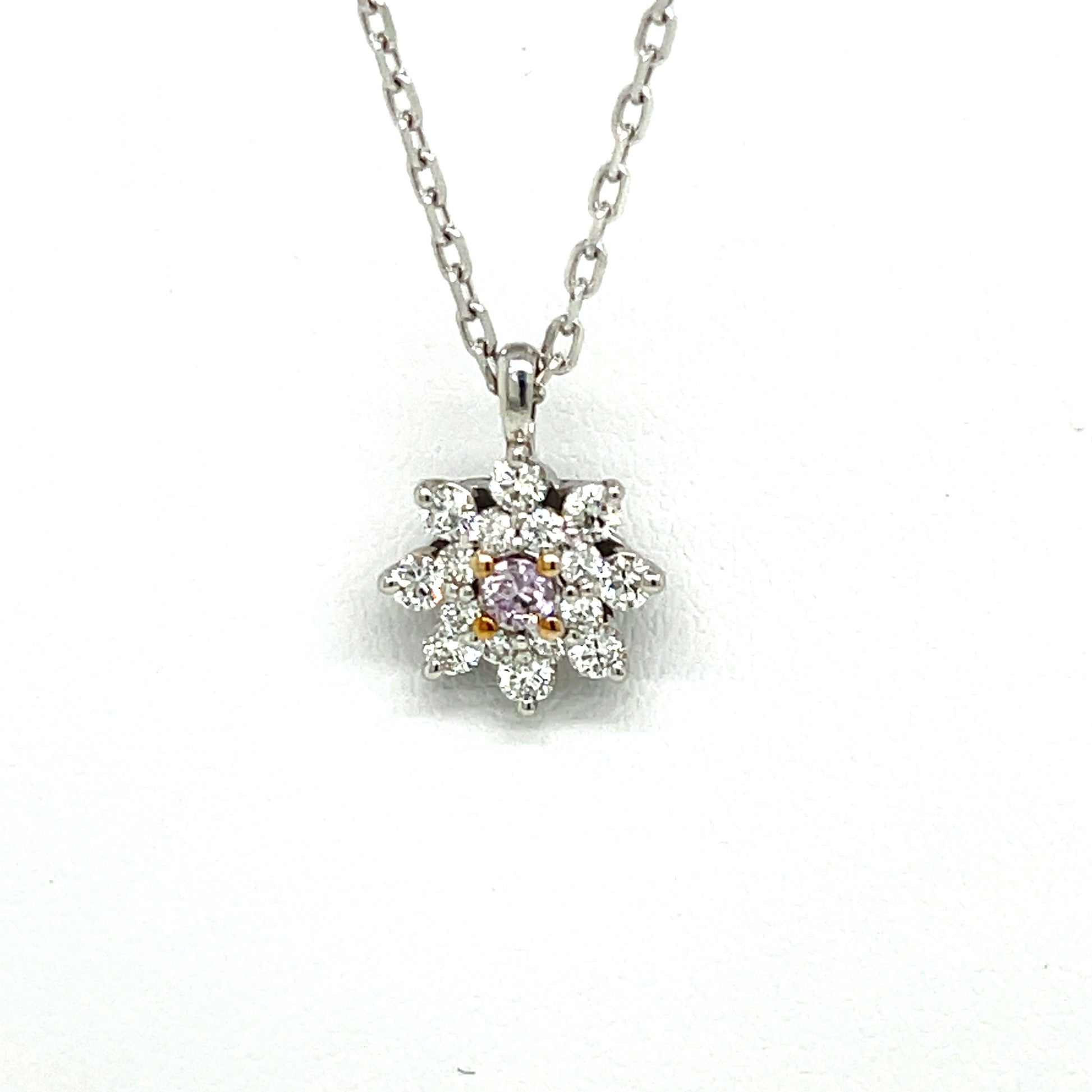 18 Karat White Gold Halo Pendant with White and Pink Diamonds - FlawlessCarat