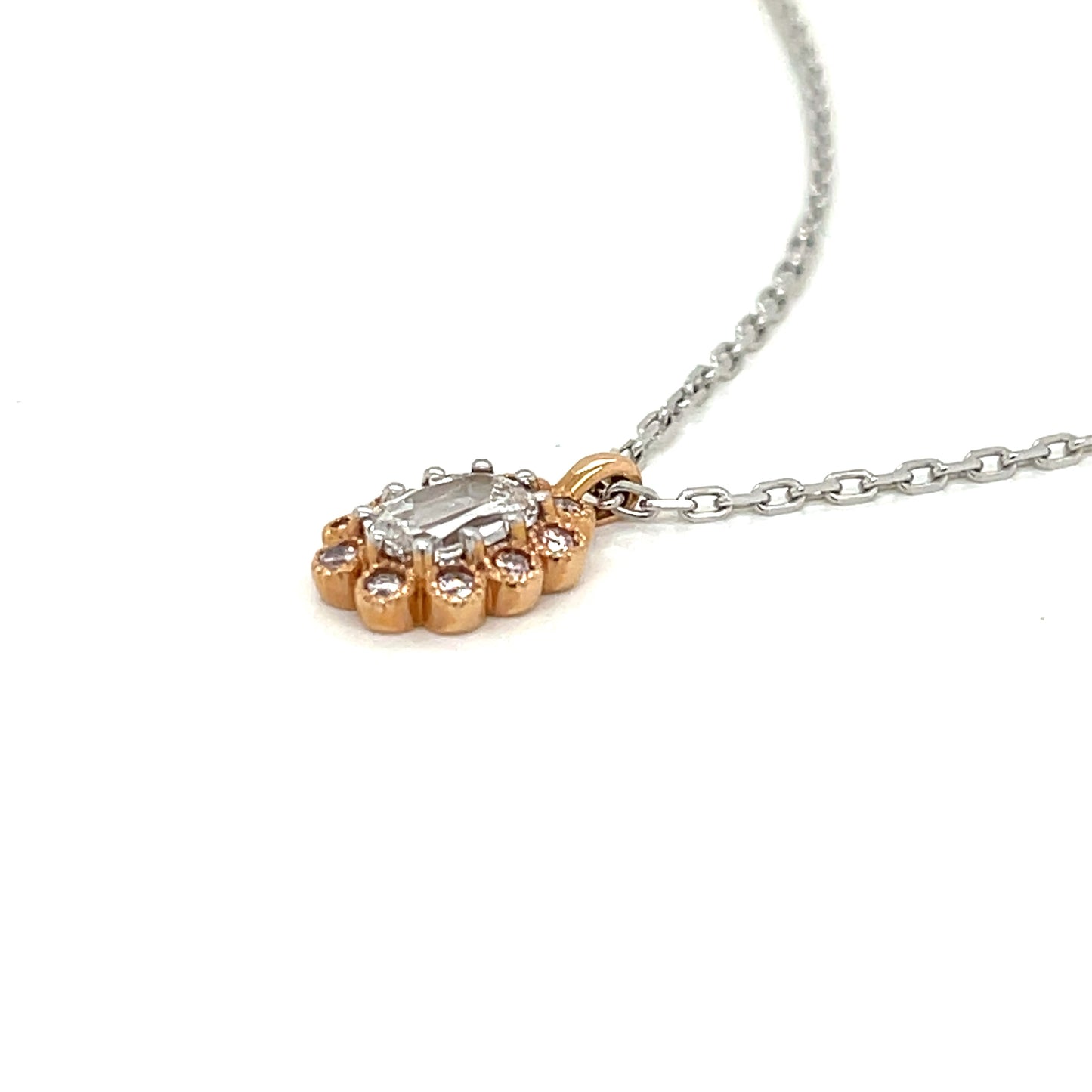 Cushion Cut Diamond Halo Pendant in 18 Karat Rose Gold with Light Pink Round Diamond Accents - Flower Shaped Pendant - FlawlessCarat