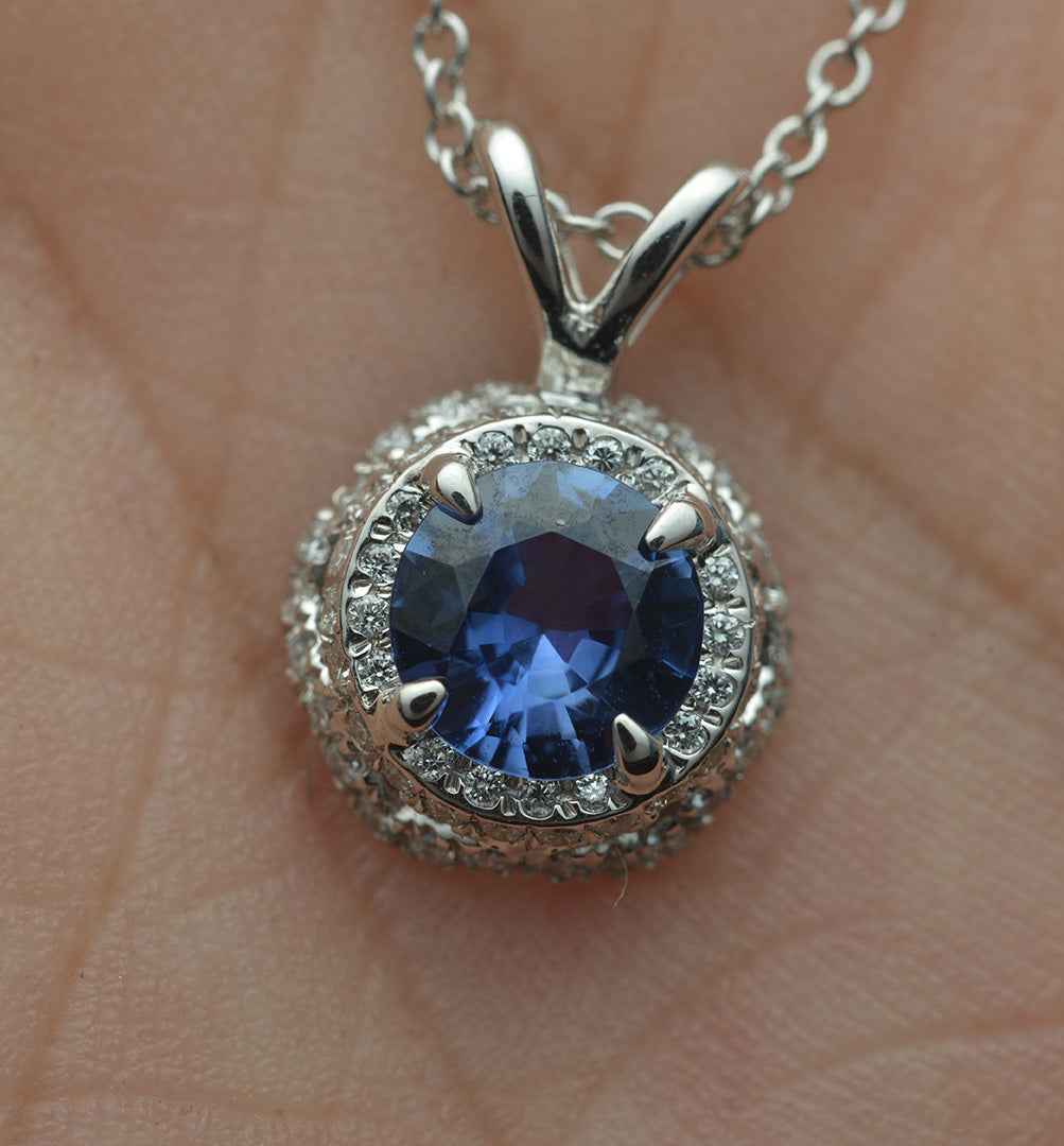 White Gold Blue Sapphire and Diamond Floating Pendant