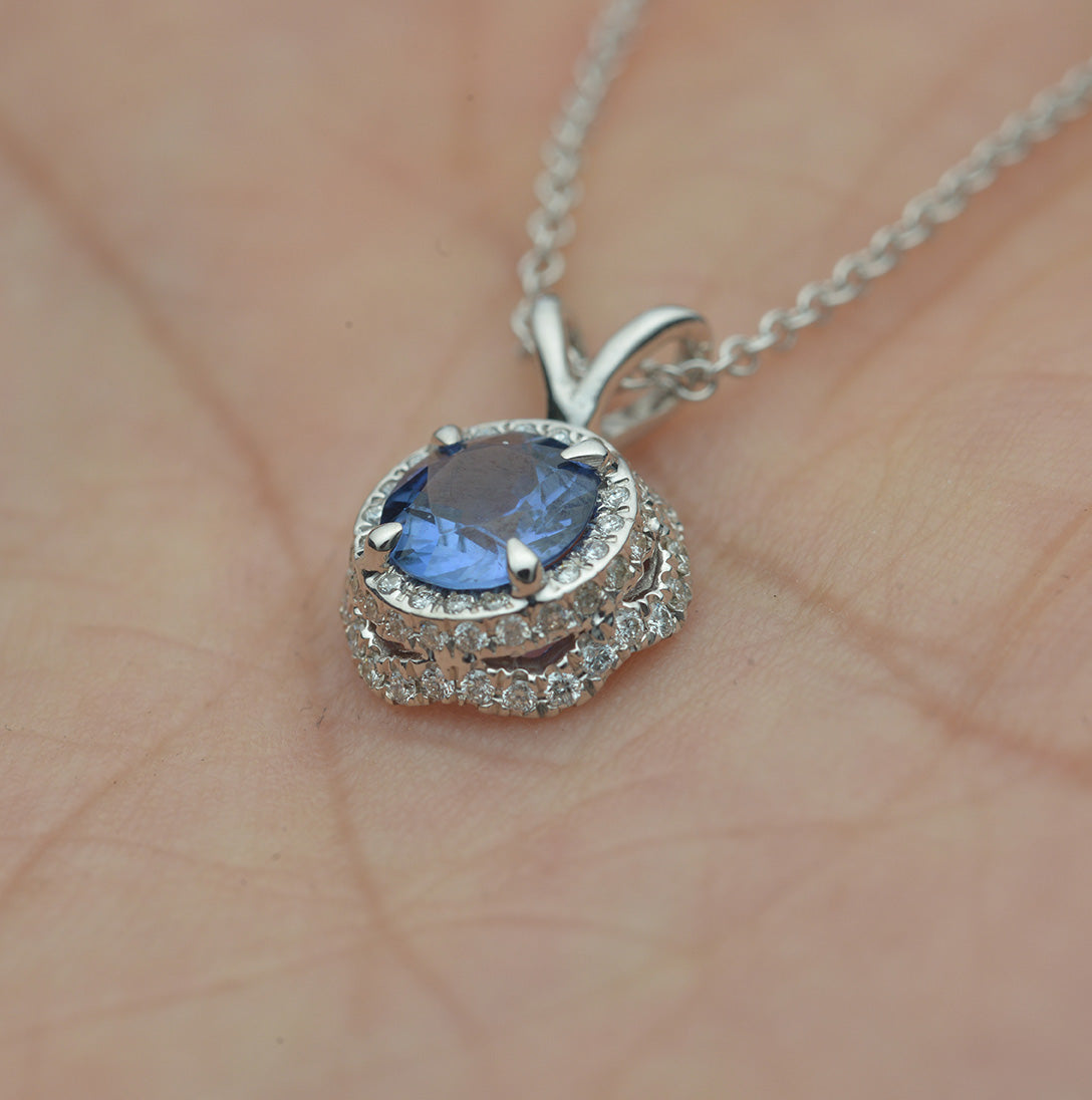 White Gold Blue Sapphire and Diamond Floating Pendant - FlawlessCarat