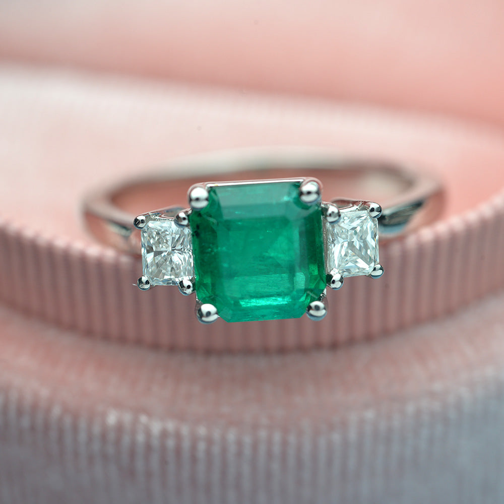 Emerald and Diamond Three Stone Platinum Ring - FlawlessCarat