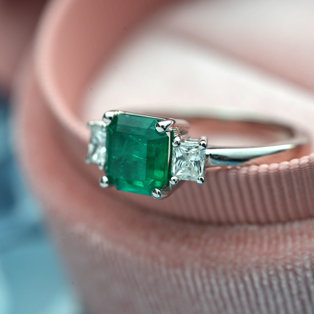 Emerald and Diamond Three Stone Platinum Ring - FlawlessCarat
