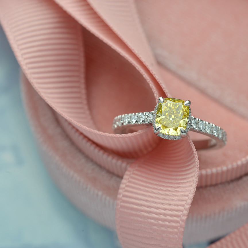 Platinum Cushion Cut Engagement Ring with Natural Vivid Yellow and White Diamonds - FlawlessCarat