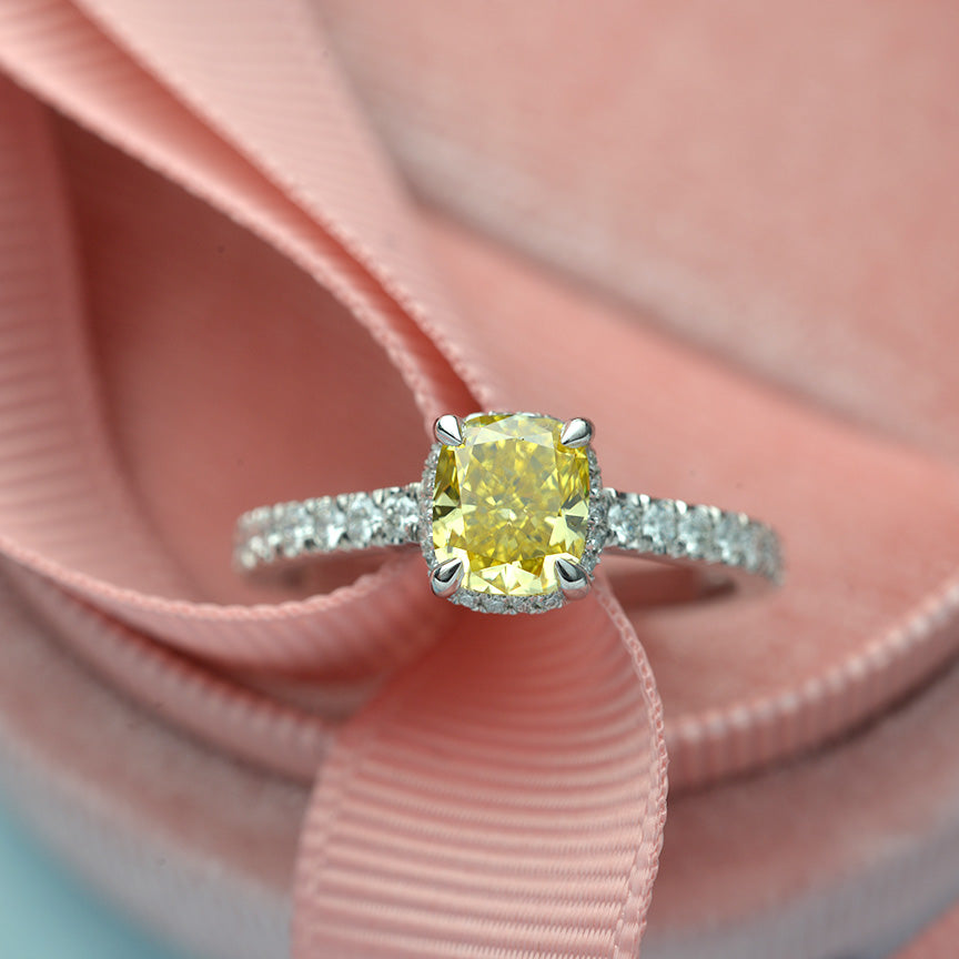 Platinum Cushion Cut Engagement Ring with Natural Vivid Yellow and White Diamonds - FlawlessCarat