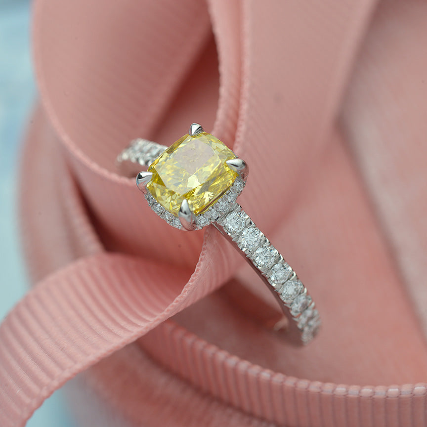 Platinum Cushion Cut Engagement Ring with Natural Vivid Yellow and White Diamonds - FlawlessCarat