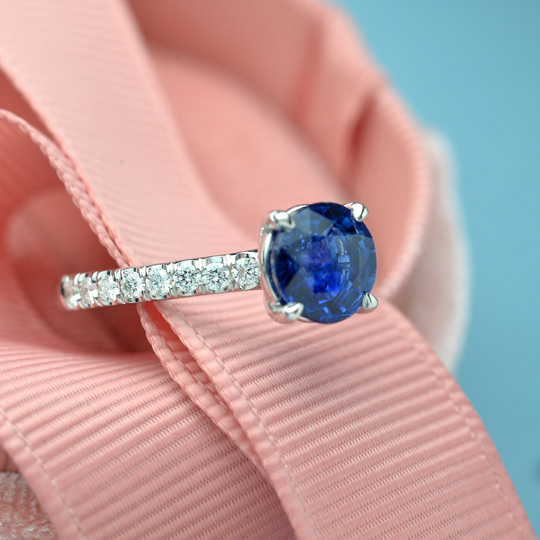 Round Blue Sapphire and Diamond Engagement Ring - FlawlessCarat