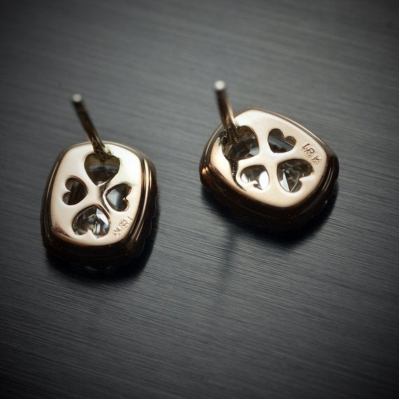18 Karat Pink Gold Halo Earrings .93 Carats Cushion Brilliant Diamonds .14 Carats Pink Round Diamonds - FlawlessCarat
