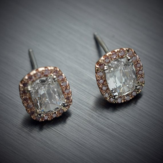 18 Karat Pink Gold Halo Earrings .93 Carats Cushion Brilliant Diamonds .14 Carats Pink Round Diamonds - FlawlessCarat