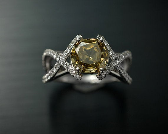 Platinum Engagement Ring or Fashion Ring with Rare GIA Natural Brownish Yellow Center Diamond and White Diamond Accents - FlawlessCarat