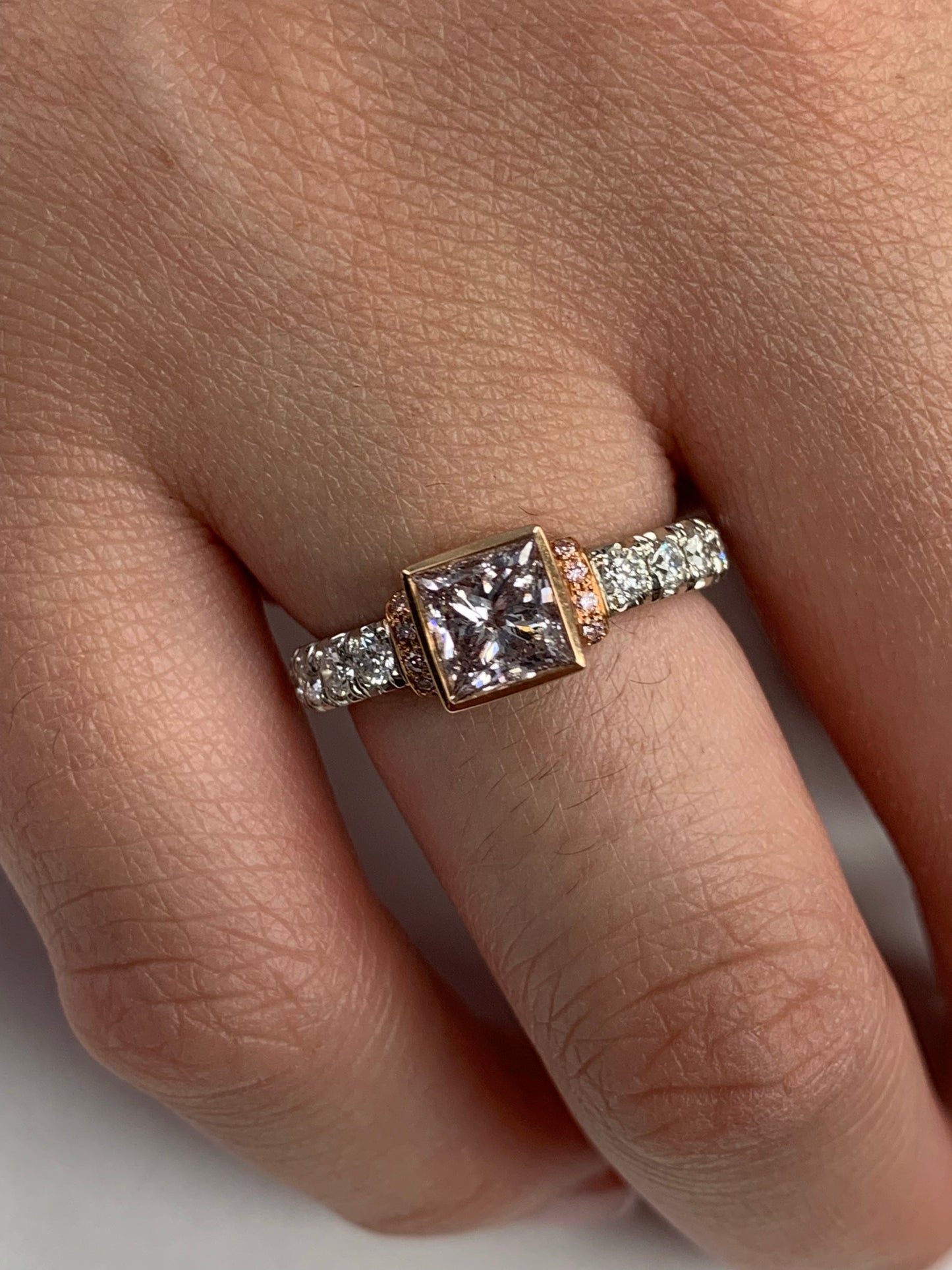 Platinum / 18 Karat Rose Gold Engagement Ring with Natural Pink Brownish Princess Cut Diamond and Round White & Pink Diamond Accents - FlawlessCarat