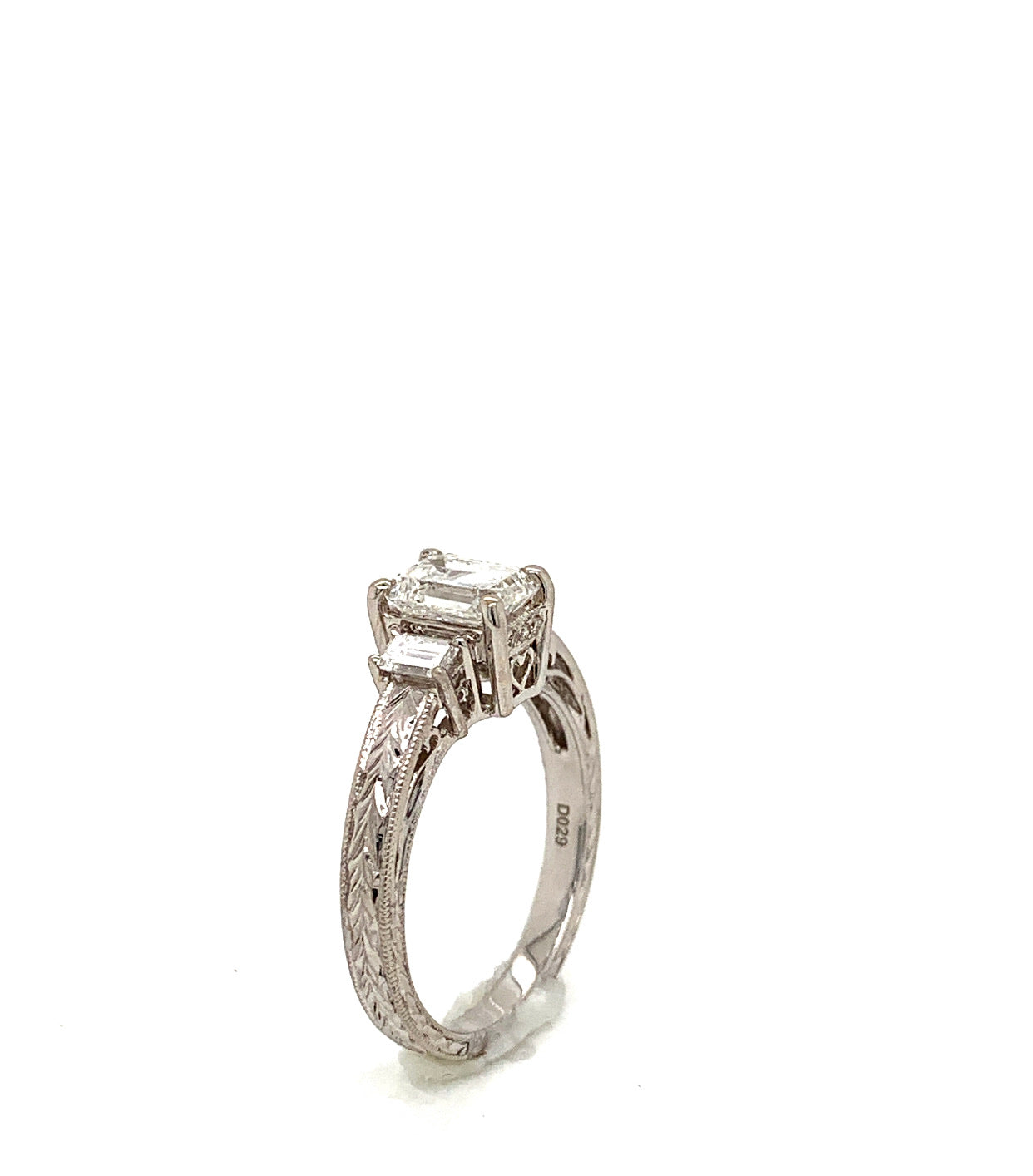 18 Kt. White Gold 3 Stone Emerald Cut Antique Reproduction Ring - FlawlessCarat