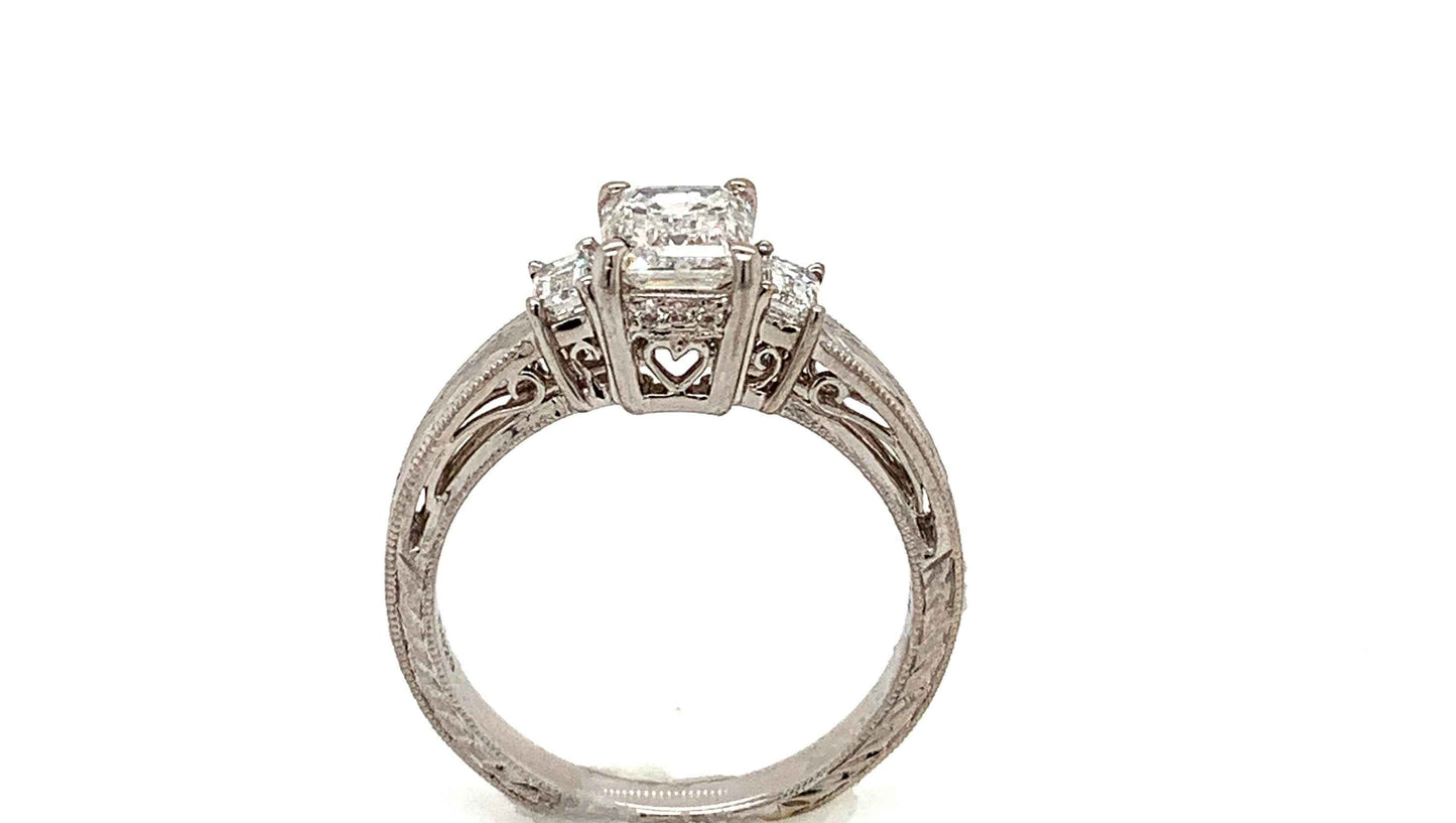 18 Kt. White Gold 3 Stone Emerald Cut Antique Reproduction Ring