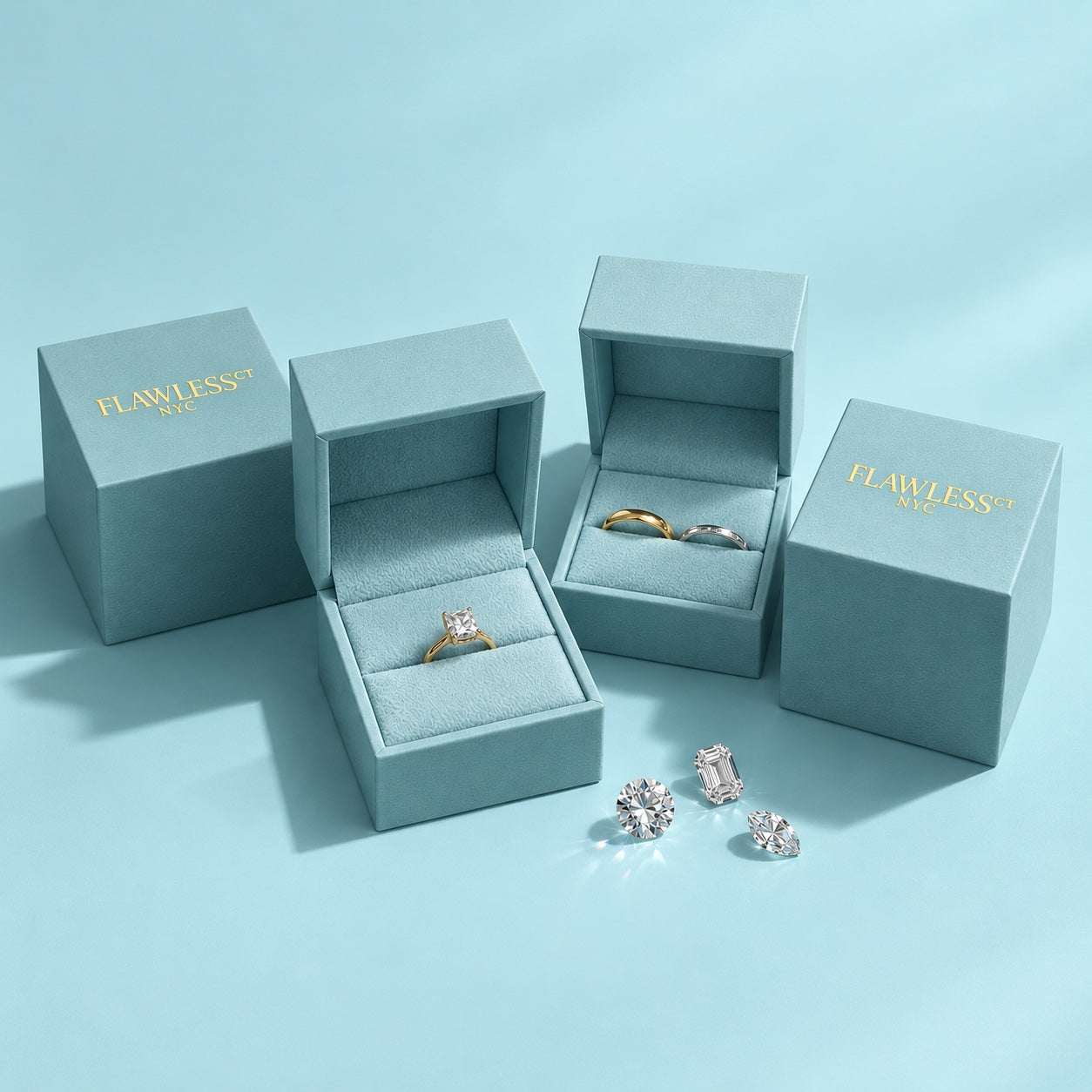 FlawlessCarat light blue jewelry boxes with gold lettering