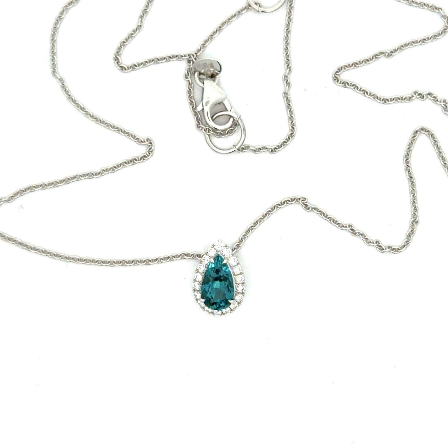 Floating 14kt. White Gold Natural Pear Shape Blue Tourmaline Pendant with Beautiful Natural Diamond Halo