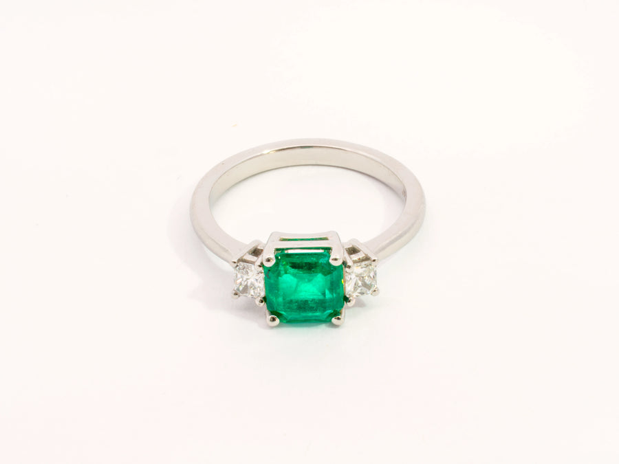 Three-Stone Emerald and Diamond Ring in Platinum
