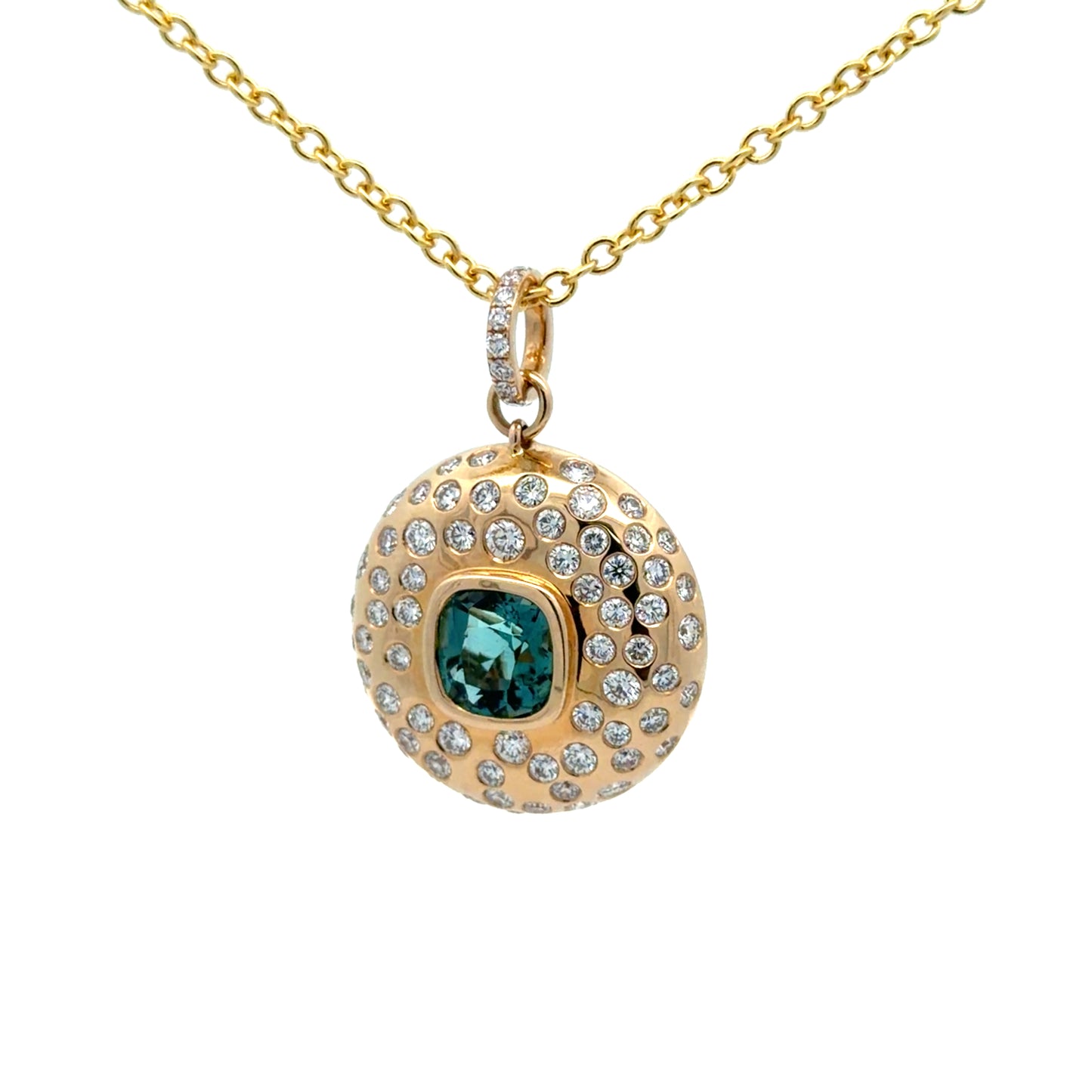 Statement Medallion Pendant in 14Kt. Yellow with a Bezel Set Blue Cushion ShapeTourmaline and Diamonds