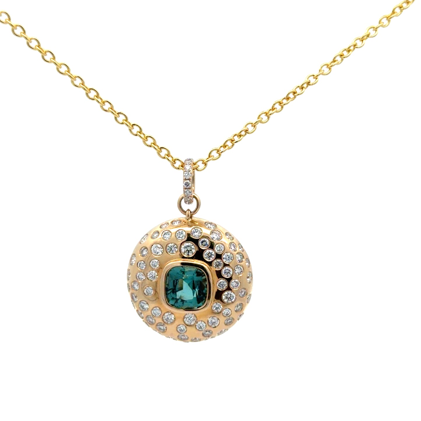 Statement Medallion Pendant in 14Kt. Yellow with a Bezel Set Blue Cushion ShapeTourmaline and Diamonds