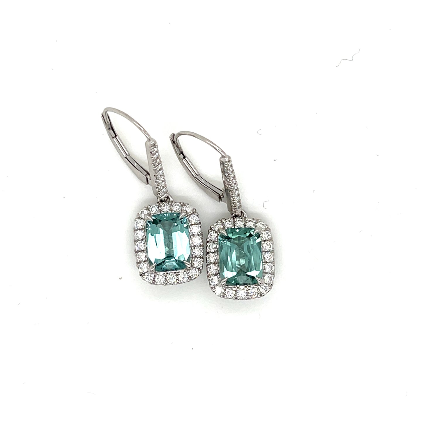 Elongated Cushion Cut Blue Tourmaline Halo Drop Earrings