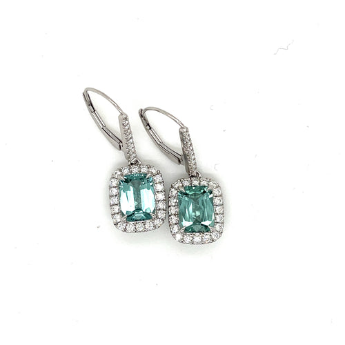 Elongated Cushion-Cut Blue Tourmaline and Diamond Drop Earrings