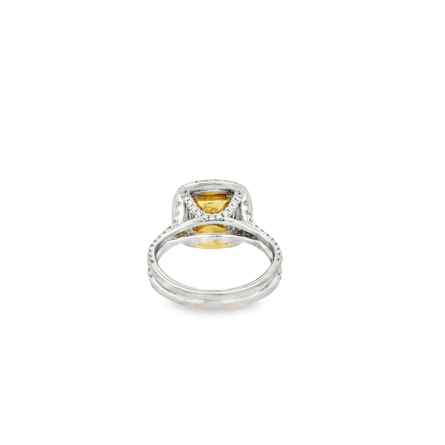 Double Halo Ring in 14kt. White Gold with 2 carat Natural Mined GIA Fancy Light Yellow Cushion with Round Diamonds on the band.